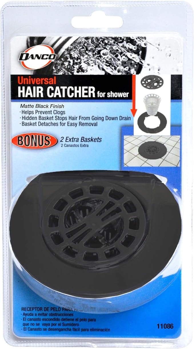 Danco 11086 Round Shower Hair Catcher with Replacement Baskets, Shower Drain Cover and Drain Protector in Matte Black