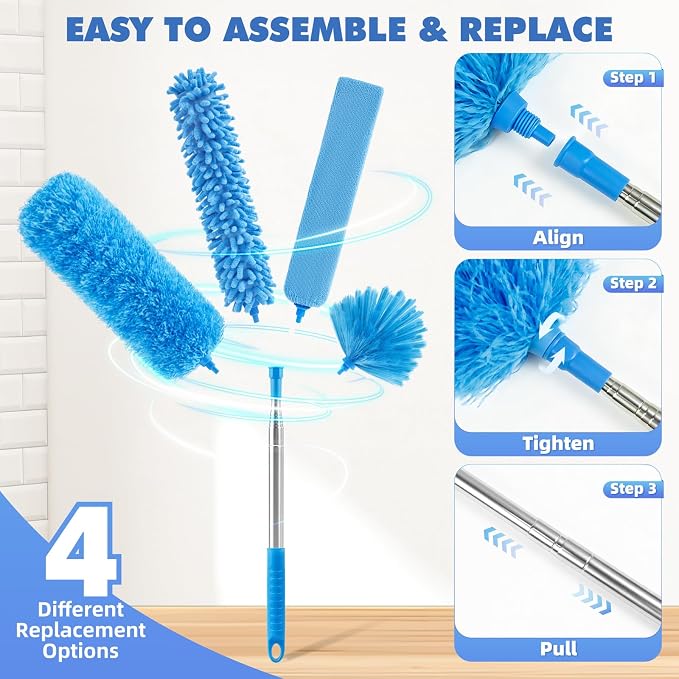 94'' Cobweb Duster with Extension Pole, Spider Web Brush | 10-in-1 Microfiber Duster Set, Bendable Duster of Cleaning Ceiling Fan Blades, Vents, and Outside