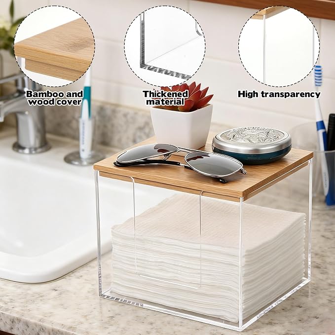 Rainmae Disposable Face Towel Holder, Acrylic Cosmetic Facial Towel Storage Box for XL Clean Skin Club, Upgrade Tissue Holder with Bamboo Lid Towel Organizer Container for Bathroom Vanity Countertop
