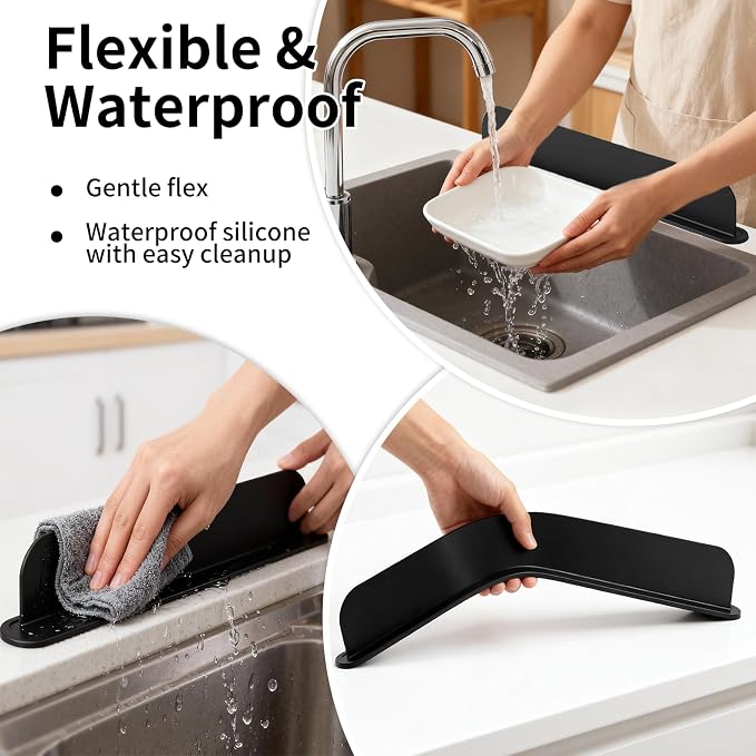 19.2inch(49cm) Silicone Sink Splash Guard, Sink Splash Guard with Suction Cup,Kitchen Sink Water Splash Guard, Kitchen Sink Splash Guard that Can Be Placed Behind (2, Black)