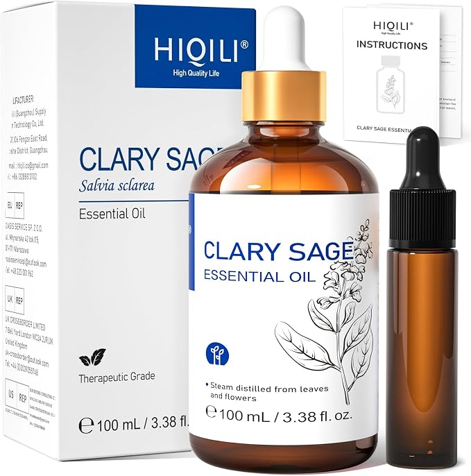 HIQILI Clary Sage Oil Essential, Herbal Sooth Aroma in Diffuse, Meditation, Calming Sleep at Bedtime, Body Massage, Moisturize Skin, DIY Deodorant Spray - 100ML | Can be added for meditation, bedtime calming sleep, DIY deodorant spray use – 100mL / 3.3...