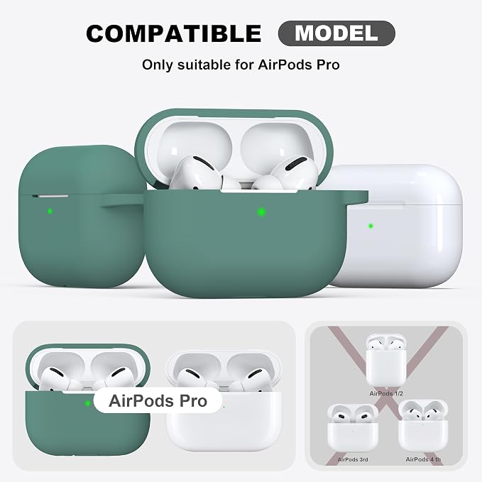 R-fun for AirPods Pro 2 Case, Soft Silicone Protective Cover with Keychain and Cleaning Pen, Compatible with AirPods Pro 2nd/1st Generation, Supports Wireless Charging, Pine Green