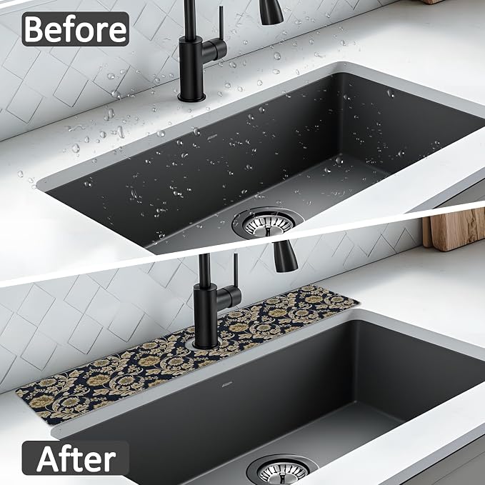 24" X 5.5" Kitchen Sink Splash Guard Faucet Mat Floral Flower Super Absorbent Fast Drying Faucet Guard & Draining Mat Sink Splash Guard Behind Faucet for Kitchen, Bathroom