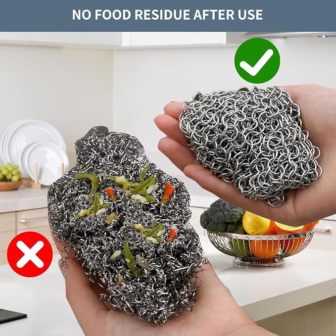 8"x6" Cast Iron Scrubber Stainless Steel Chainmail Cleaner for Pre-Seasoned Pans, Griddles, BBQ Grill and Pot Cookware Cleaning