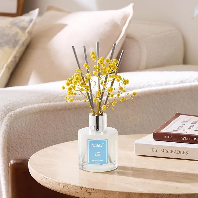 Reed Diffuser Set,3.38 fl oz (100 ml) - Lime Basil Oil Diffusers with 8 Reed Sticks, Home Fragrance Reed Diffuser for Bathroom Shelf Decor