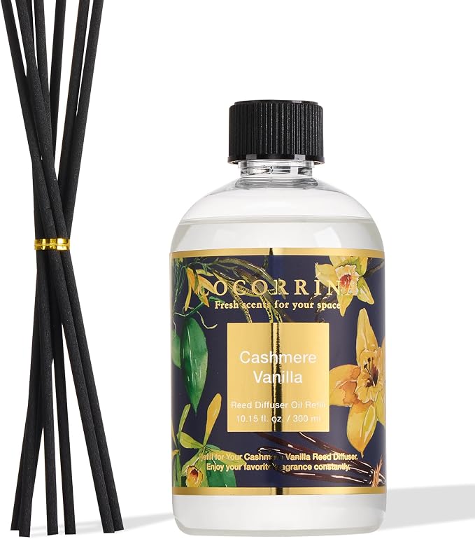 Reed Diffuser Refill Cashmere Vanilla 10.14oz (300ml) with 8 Sticks - Premium Long-Lasting Floral Essential Oil, Home Fragrance for Bedroom, Bathroom Home Decor