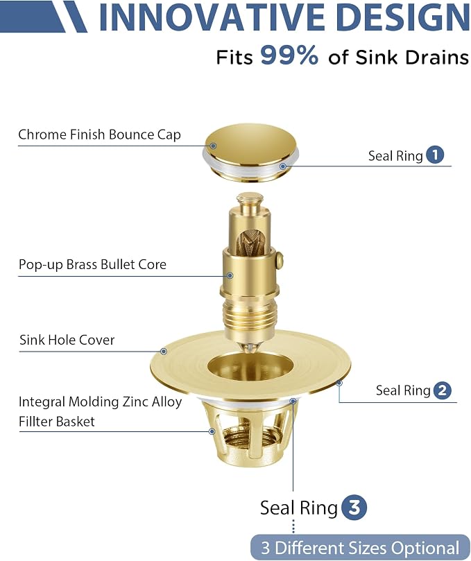 Tgosomt Bathroom Sink Stopper 2 Pack, Bathroom Sink Drain Strainer, Revolutionary Bathroom Accessories and Essentials (Brushed Gold)
