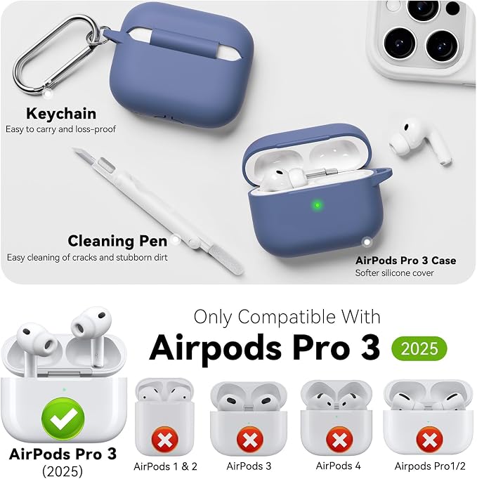 for AirPods Pro 3 Case 2025,Come with Cleaner Kit,Lavender | Silicone Protective Cover for Airpod Pro 3rd Generation Case with Keychain,for Women Men,One-Piece Design,Shockproof