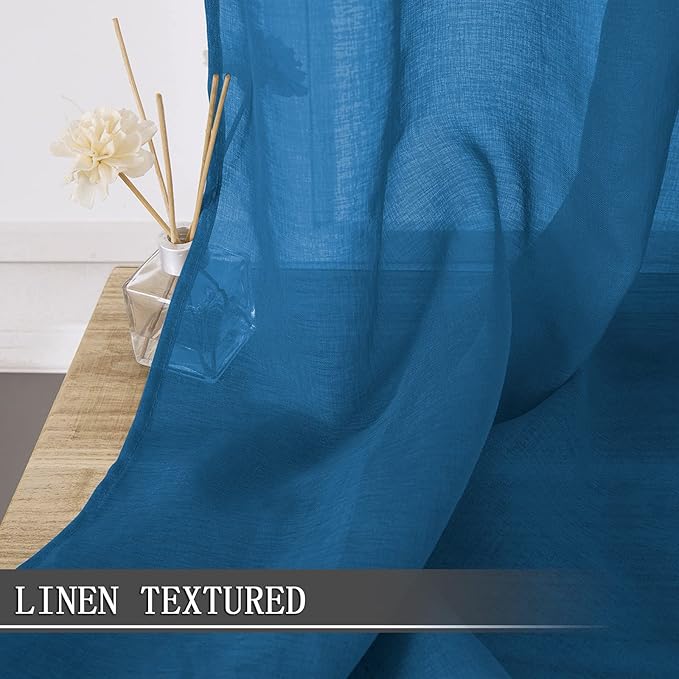 Tollpiz Sheer Curtains Living Room Linen Textured Curtain Sheers Light Filtering Voile Rod Pocket Curtains for Bedroom, 38 x 63 inches Long, Classic Blue, Set of 2 Panels