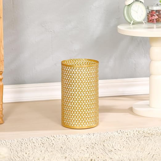 Small Gold Trash Can for Bathroom, Metal Garbage Can for Offices, Decorative Hollow-Out Garbage Can Waste Paper Bin, 7" W X 7" L X 12" H