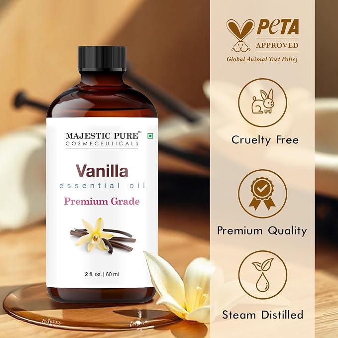Majestic Pure Vanilla Essential Oil for Diffuser - 2 Fl Oz | 100% Natural Essentials Oils Ideal for Humidifier, Air Freshening, Cleaning Home, Bath, Steam Inhalation and Massage