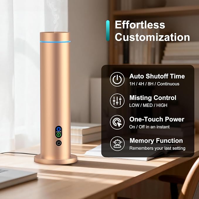 Waterless Diffuser, Essential Oil Diffuser, 1000 Sq.Ft Coverage Scent Diffuser – Plug-in Only, Adjustable Mist, Remote, Mood Lights for Home & Office, Large Room, Hotel, Gold