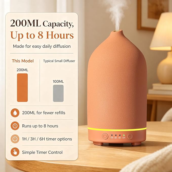 200ML Ceramic Essential Oil Diffuser for Home, Stone Diffuser | Ultrasonic Aromatherapy Diffuser & Air Humidifier for Bedroom, Office, Yoga, 7 LED Lights, Auto Shut-Off, 3 Timers, Brown