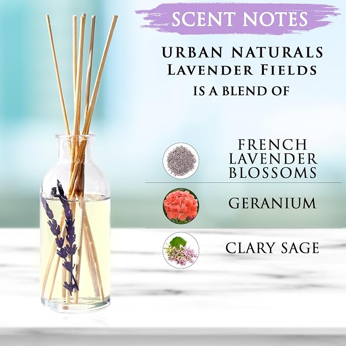 Reed Diffuser Set, Lavender Fields - Bathroom Shelf Décor | Real Lavender Stems French Blossoms, Geranium & Clary Sage, for Aromatherapy & Stress Relief, Vegan