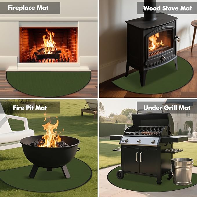 TOHONFOO Fireplace Mat for Home Protection, 4' x 2'4" x 0.04'', Green | 1800°F fireplace rugs fireproof, fiberglass hearth rugs for fireplaces fire resistant protect against embers, easy to clean