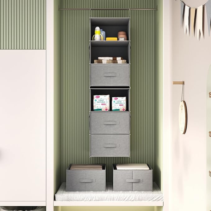 Vailando 6-Tier Hanging Shelves for Closet, Two 3-Shelf Hanging Closet Organizer w/ 4 Side Pockets and 3 Drawers, Combinable for Dorm Wardrobe Organizer and RV Storage and Organization | Converts into Two 3-Shelf Organizers, Foldable Drawers, Side Pock...