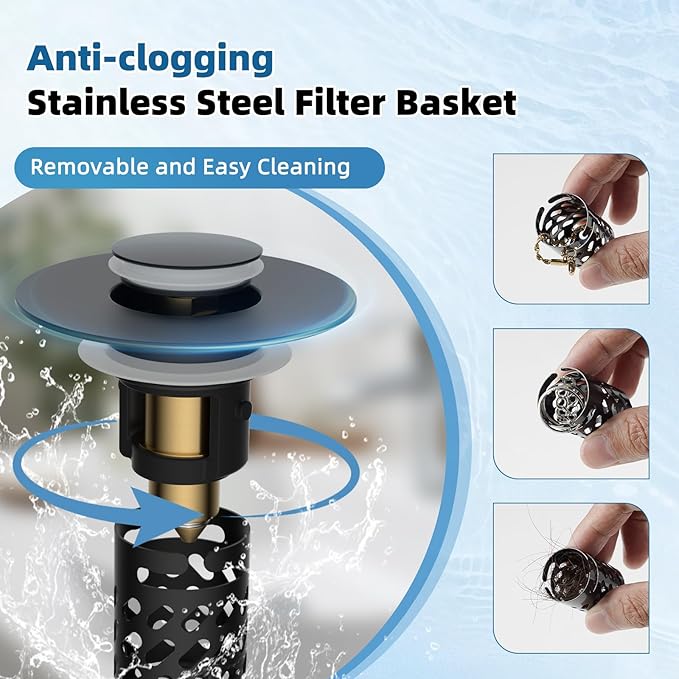 iFealClear 2 Pack All Metal Bathroom Sink Stopper, Pop Up Sink Drain Strainer with Removable Stainless Steel Filter Basket, Universal for 1.1"-2.36" Sink, Brass Bounce Core, Hair Catcher, Matte Black