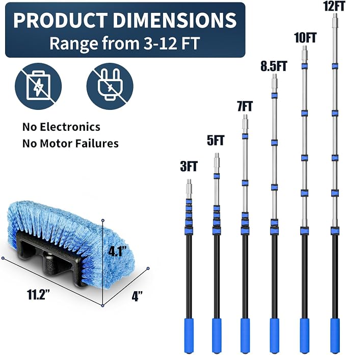 Soft Bristles Solar Panel Cleaning Brush, 12 FT Solar Panel Cleaner Kit, Including Water Fed Brush | Extendable Long Handle | Soap Dispenser for Car, RV, Boat, Windows, Deck Washing