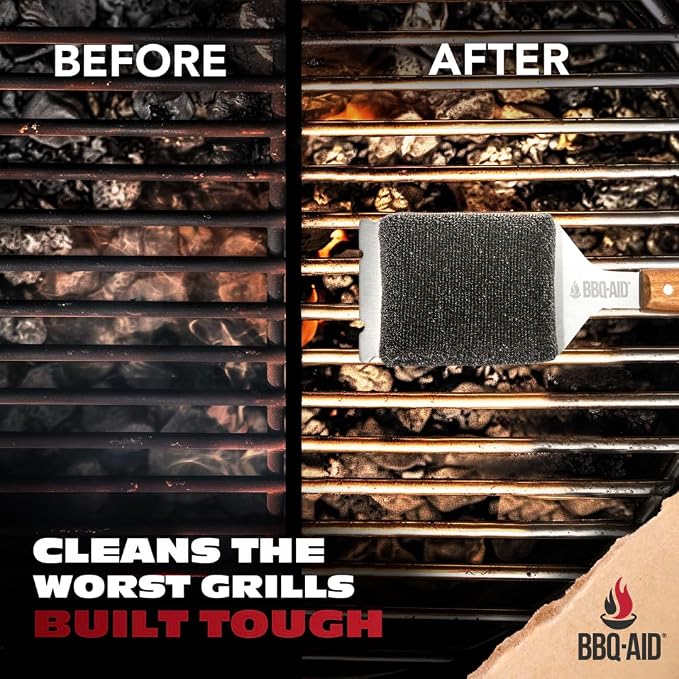 Bristle-Free Grill Brush Replacement Heads, 2-Pack Outdoor BBQ Cleaner | Fits BBQ-AID Brush Handles Only. Stainless Steel Poly Mesh No-Scratch Pads for Safe Cleaning on All Grill Grate Types.