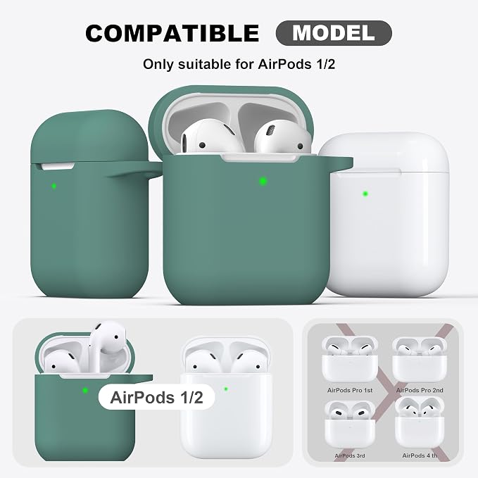 R-fun for AirPods 1/2 Case, Soft Silicone Protective Cover with Keychain and Cleaning Pen, Compatible with AirPods 2nd/1st Generation (2016/2019), Full Drop Protection Cover, Pine Green