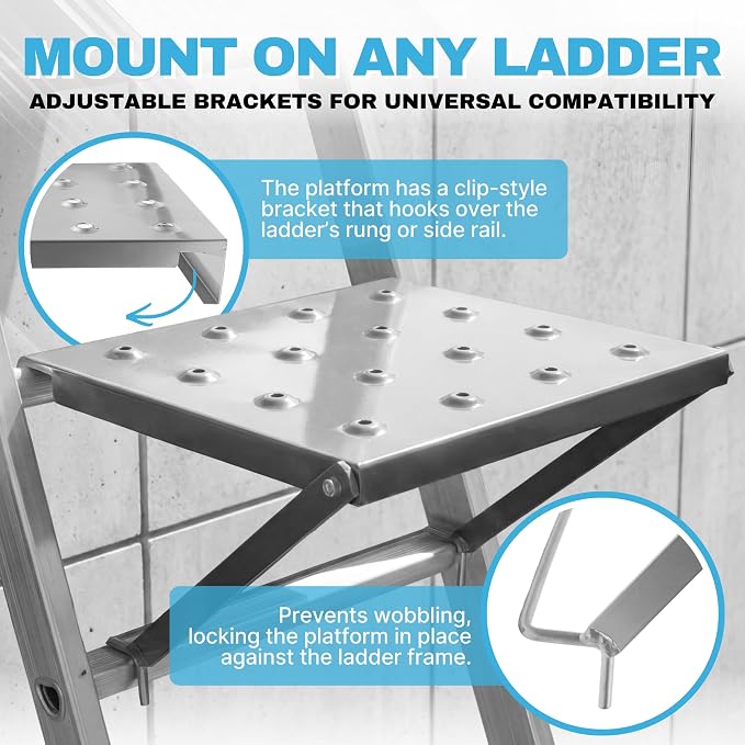 Universal Ladder Platform Attachment 11.8" x 10.4", 400 LBS Capacity, Non-Slip Aluminum Alloy, Fits All Ladder Types, Adjustable Height Mount for Painting, HVAC & Electrical
