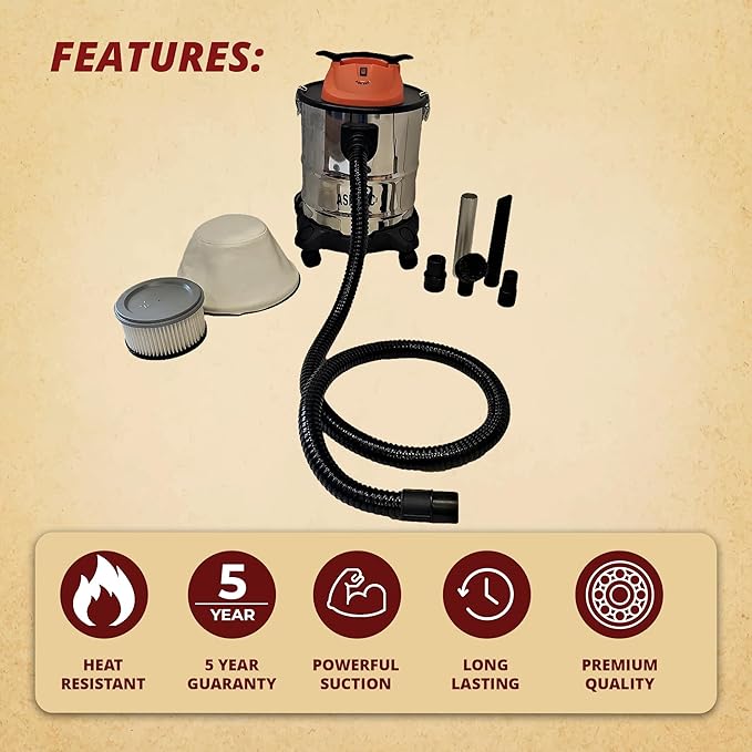 Pellethead Ash Vault Pro 10-Amp Ash Vacuum, 5-Gal, Dual HEPA | 10-amp ash vacuum with 5-gallon steel tank, Dual HEPA filtration and heat-resistant hose, For fireplaces, stoves, and BBQs