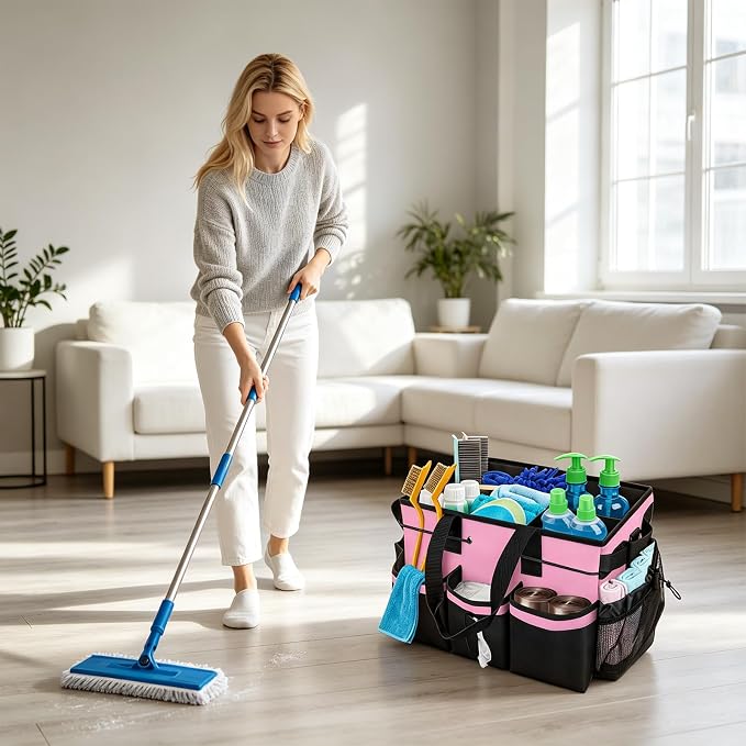 ALSLEA Large Cleaning Caddy Bag - 15" x 10.5" x 9" Heavy-Duty Organizer Tote for Housekeepers, Janitors & Home Cleaning Supplies with Adjustable Shoulder Strap & Multiple Pockets (Pink)