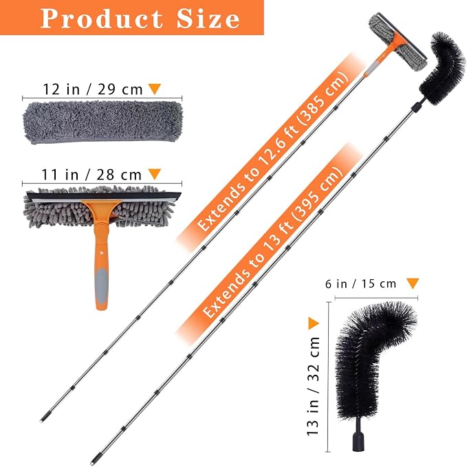 13 FT Gutter Cleaning Tools with 10-Section Extension Pole, Gutter Cleaning Brush, Silicone Squeegee & Window Washer for Gutters, High Windows, Glass & Cars