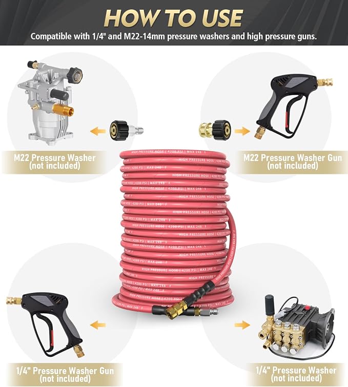 QC Installed Pressure Washer Hose 50 ft, 4200 PSI Flexible & Kink-Resistant, Steel-Braided & Durable, Power Washer Hose with 3/8" 360° Swivel Quick Connect, Hot/Cold Water Compatible, Red