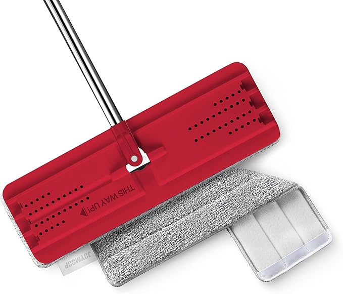JOYMOOP Flat Mop, Microfiber Mop Head for Floor Cleaning, 50" Handle with 13" Flat Head, Black & Red