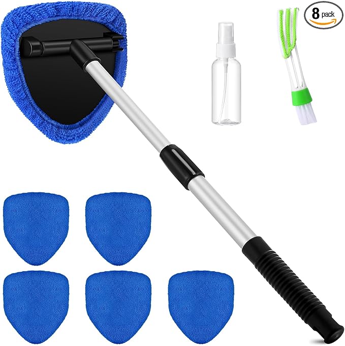 Potchen 8pcs Car Windshield Cleaner Tool with Extendable Handle, Blue | with Microfiber Towel Pads, Brush, Empty Spray Bottle, Car Window Cleaner for Auto Glass Wiper Suvs Rvs & Home Windows