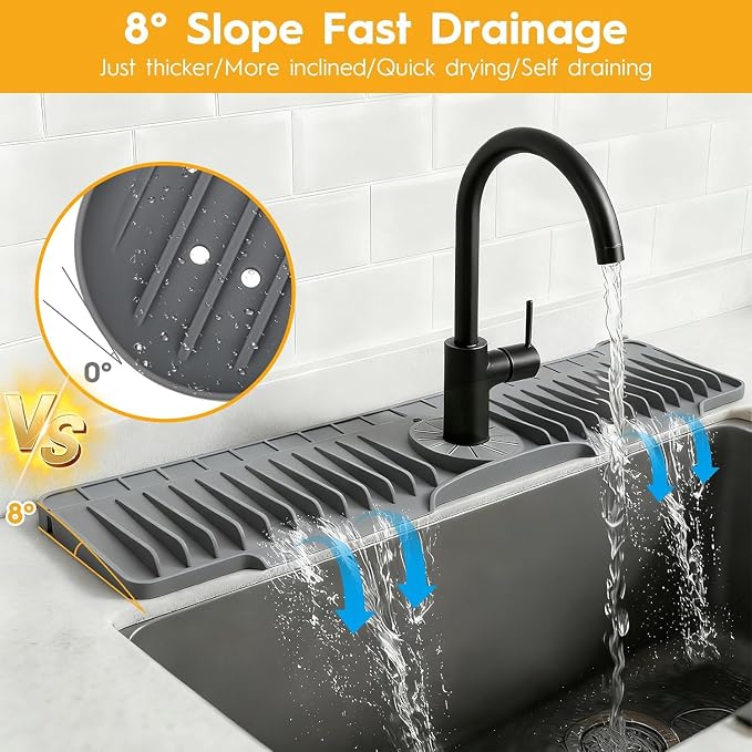 16" Silicone Faucet Mat for Kitchen Sink Released in 2025/12TH,8° Slope Fast Self-draining-Kitchen Sink Splash Guard,Bathroom Kitchen Sink Area Water Splash Guard Behind Faucet Draining Dark Grey