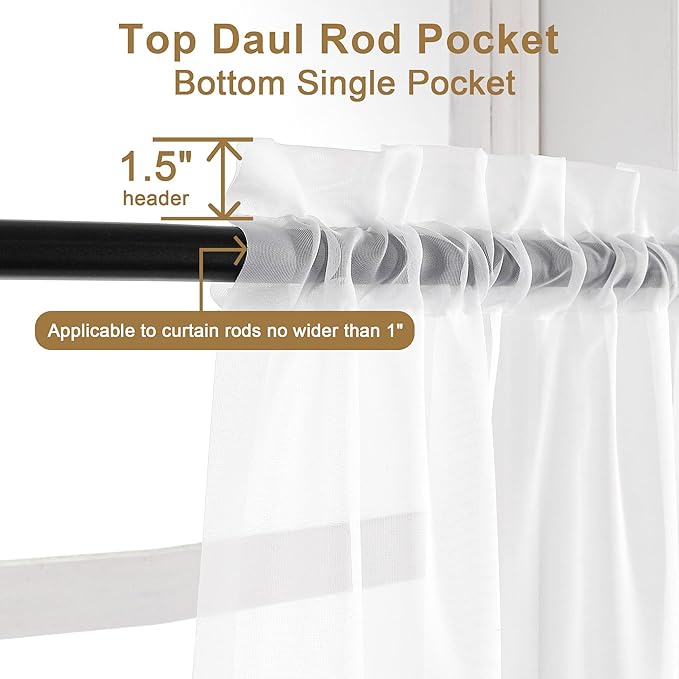 Chyhomenyc White Sheer Curtains 30 inch Length 2 Panels, Light Filtering Voile Rod Pocket Short Window Curtians for Bathroom Living Room Farmhouse Small Windows, 42Wx30L inches