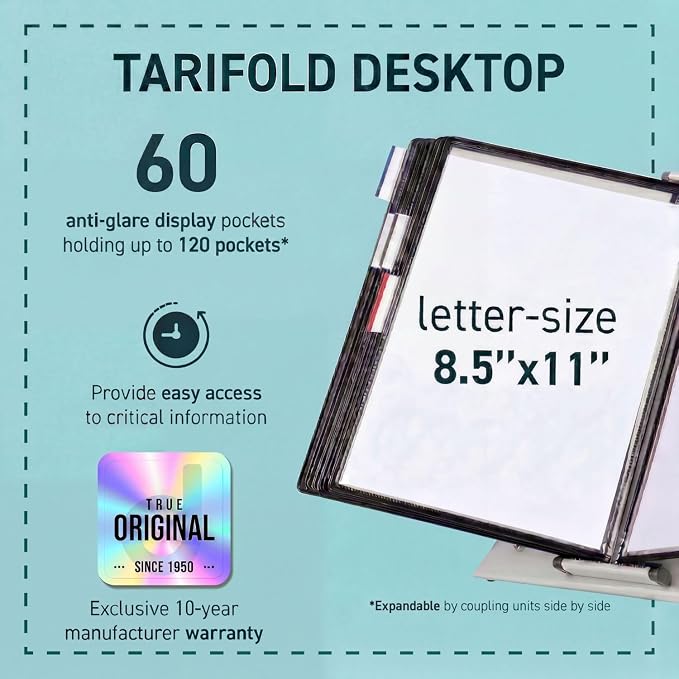 Tarifold Desktop Reference Display System, 60 Pockets, Black | 60 double-sided PVC pockets, holds 120 letter-size sheets, sturdy metal base, quick-find indexing, quick and easy to assemble