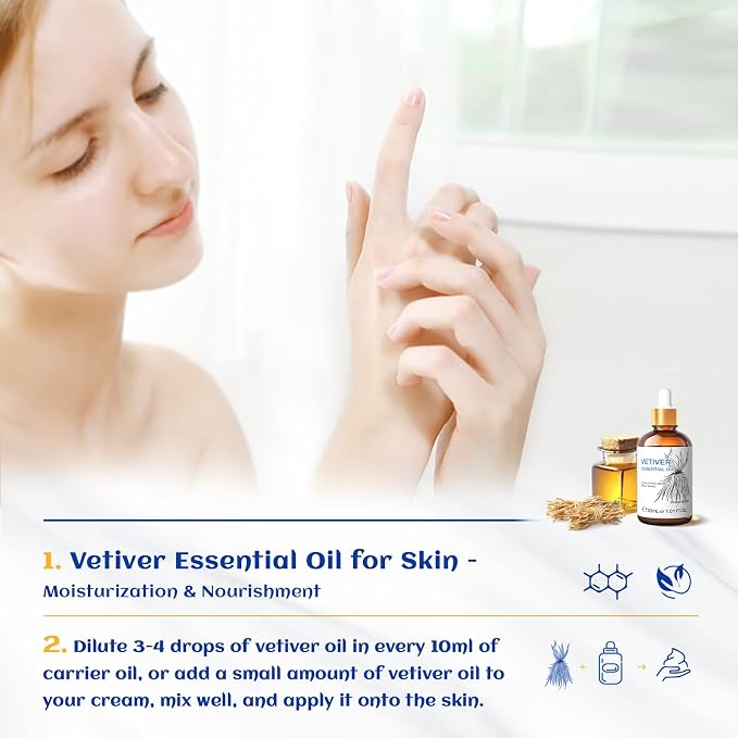 HIQILI Vetiver Essential Oil for Diffuser, Massage, Skin Care | Suitable for Aromatherapy, Candle & Soap Making Scent, SPA, Add to Shampoo, Lip Balm - 30 mL / 1 fl oz