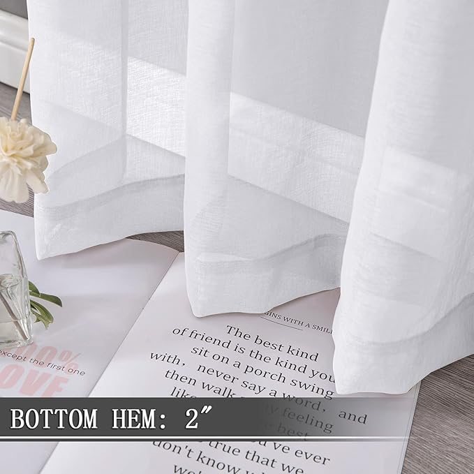 Tollpiz Short Sheer Curtain Linen Textured Living Room Curtains Sheer Light Filtering Rod Pocket Voile Curtain for Bedroom, 42 x 54 inches Long, White, Set of 2 Panels