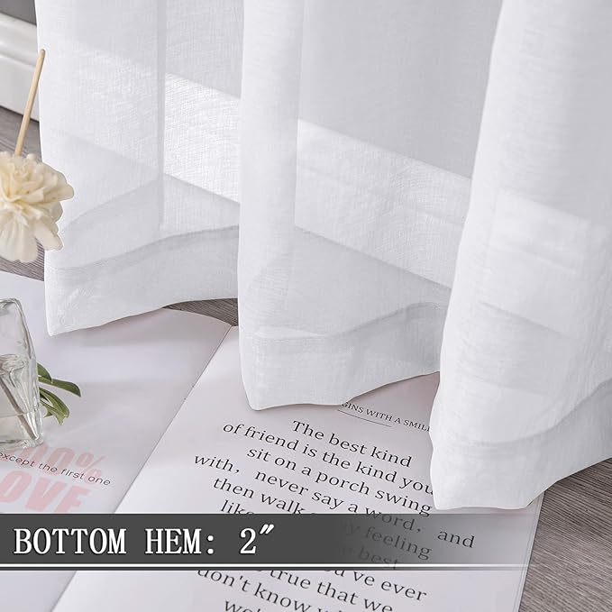 Tollpiz Short Sheer Curtains Linen Textured Living Room Curtain Sheers Light Filtering Rod Pocket Voile Curtains for Bedroom, 42 x 45 inches Long, White, Set of 2 Panels
