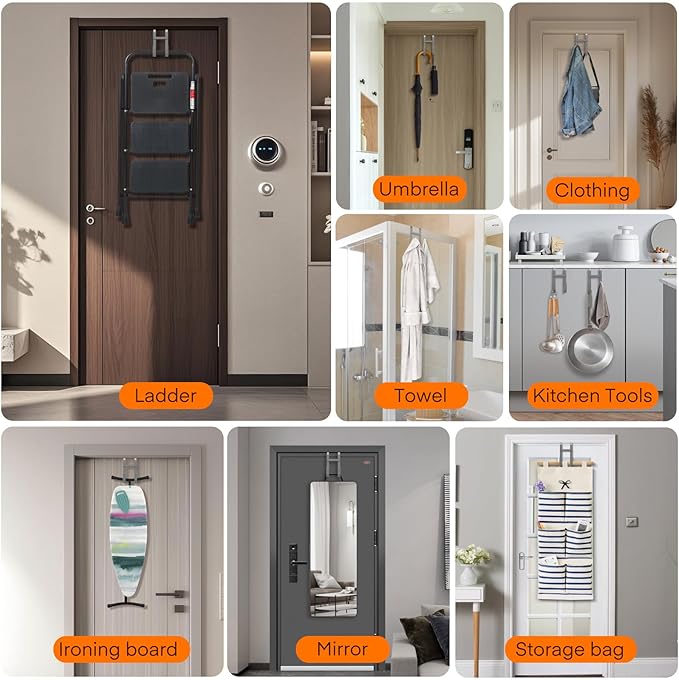 FYY Over The Door Hooks - 4 Pack Heavy Duty Dual-Hook Organizer Hanger with Non-Slip Rubber for Towels, Clothes, Hats & Bags Use in Bathroom, Bedroom, Kitchen - Fits Interior Doors Up to 1 3/8" Grey
