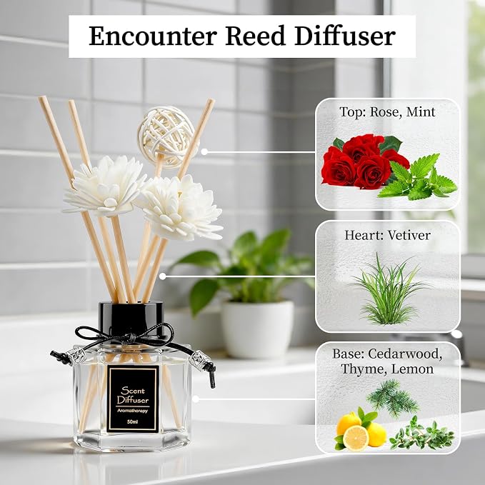 TonJin Encounter Reed Diffuser Set of 2, 1.7 fl oz Floral & Woody Long-Lasting Home Fragrance with 6 Scent Sticks| Natural Non-Toxic Scented Oil Sticks Air Freshener for Bedroom & Living Room