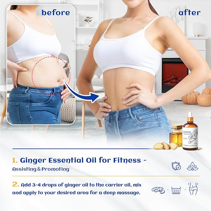HIQILI Ginger Essential Oil 3.38 Fl Oz, for Massage, Diffuser, Large Bottle with Dropper & Gift Box -100ml | With 10ml Travel Bottle, Creates a Cozy, Soothing Space, Warming Sensation for Body & Joint Comfort - 100ml / 3.38 fl oz