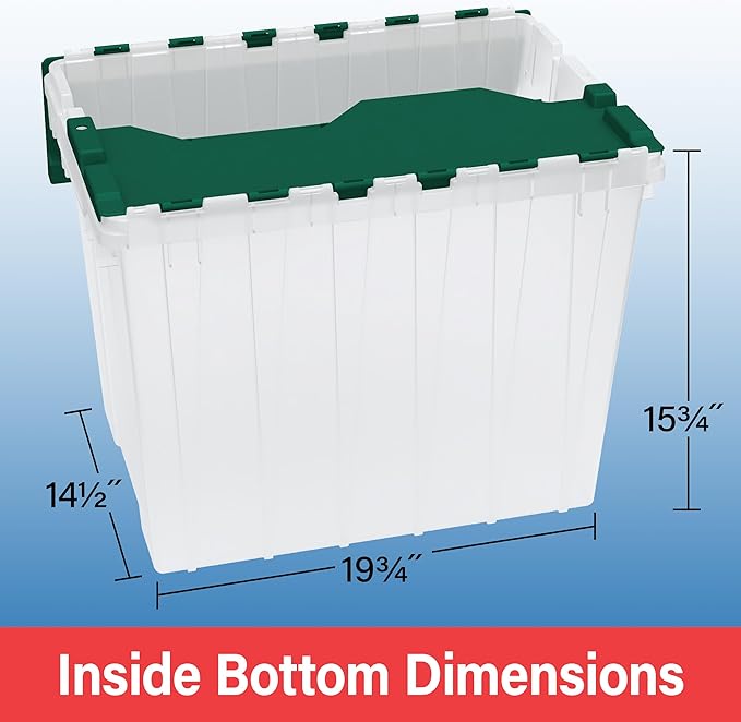 Akro-Mils KeepBox 18 Gallon Storage Container, Nesting and Stackable Plastic Storage Box with Lid Attached, Clear Tote for Garages, Closets, and Moving, 21" x 15" x 17", Clear/Green, 3-Pack
