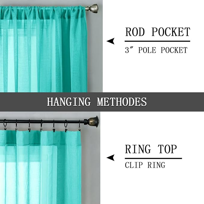 Tollpiz Short Sheer Curtain Living Room Linen Textured Curtains Sheer Light Filtering Voile Rod Pocket Curtain for Bedroom, 38 x 54 inches Long, Aqua Blue, Set of 2 Panels