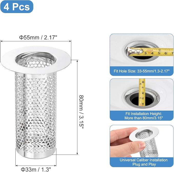 uxcell 4 Pack Shower Drain Strainer, 3.2" x 2.2" 304 Stainless Steel Floor Drain Strainer Deep Sink Hair Catcher for Kitchen Bathroom Balcony Floor Drain, Fit Hole Size from 1.3" to 2.2"