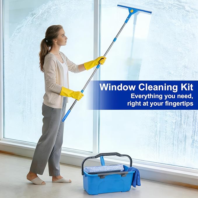 Professional Window Cleaning Kit, Window Washing Kit with 3 Gallon Bucket, 14-Inch Squeegee, 15-Inch Scrubber, 61-Inch Extendable Pole, Set of Window Cleaning Equipment for Home & Commercial Use