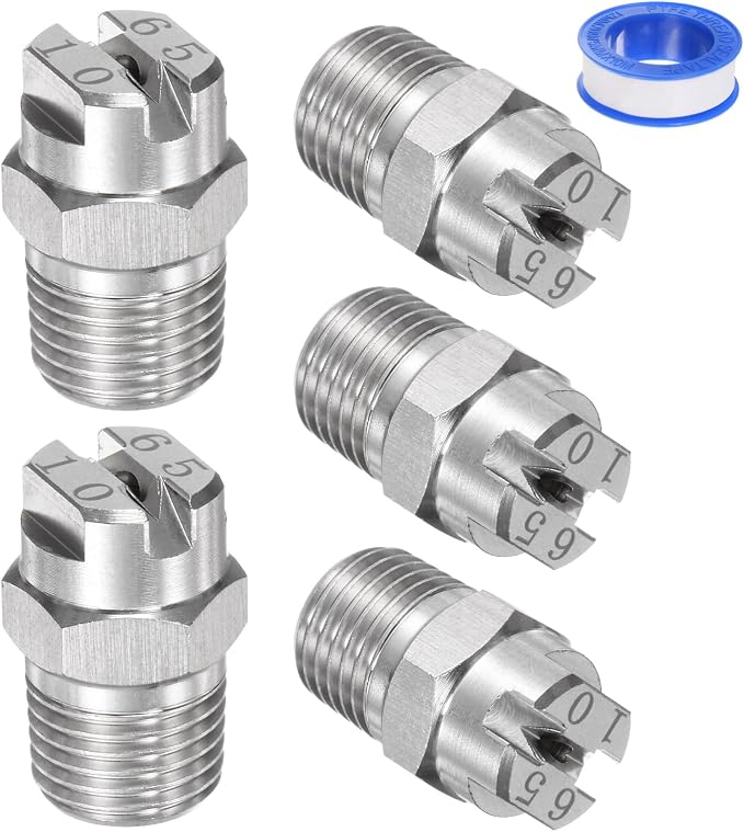 M METERXITY 5-Pack Flat Fan Spray Tip, 65 Degree 1/4BSPT Male Stainless Steel Pressure Washer Nozzles Cleaner Nozzle Replacement W Sealing Tape for Water Guns (2mm Orifice)