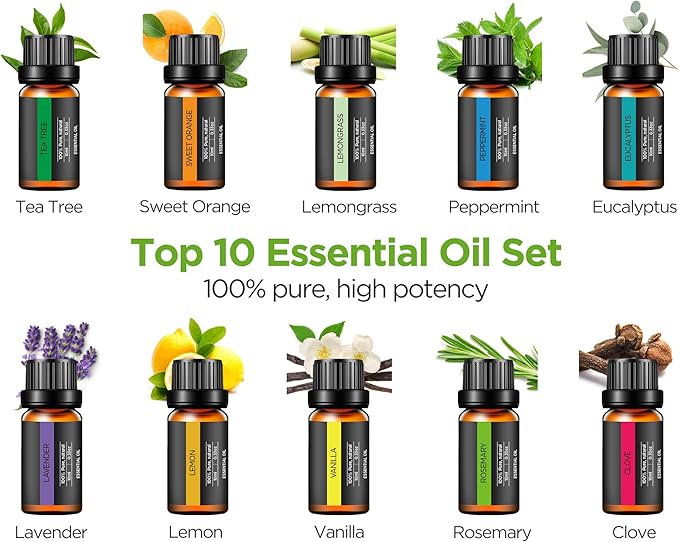 InnoGear 400ml Aromatherapy Essential Oil Diffuser 10 Oils Gift Set, Dark | Cool Mist Humidifier, Essential Oils, Ultrasonic, 4 Timers, Run up to 12hrs, Large Room, Home, Automatic Shut-Off, Quiet