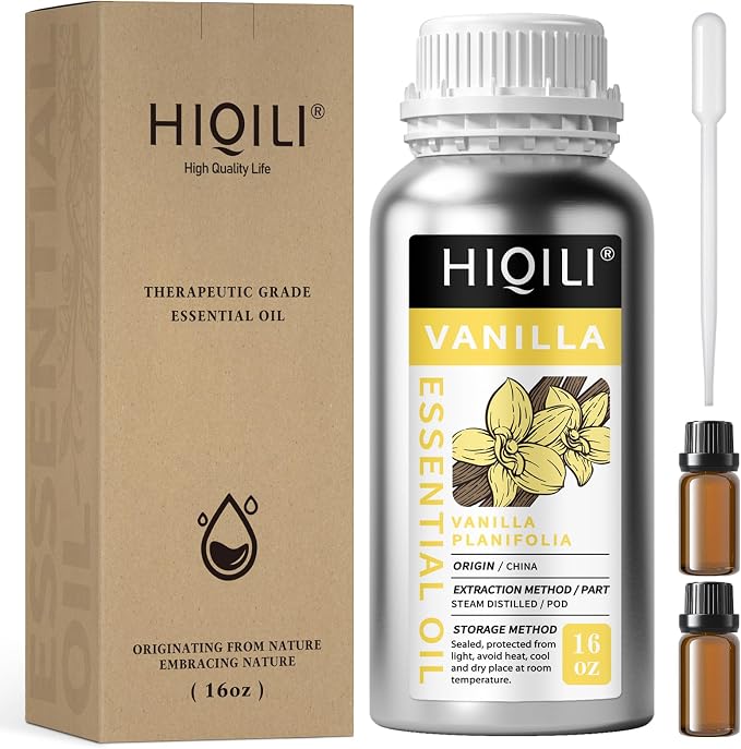 HIQILI Vanilla Essential Oil Bulk, Strong Scent for Candle Soap Making | Fragrance for Diffuser, Perfume, SPA, Making Spray, Skin Care, Add to Shampoo, Body Lotion - 500 mL / 16 fl oz