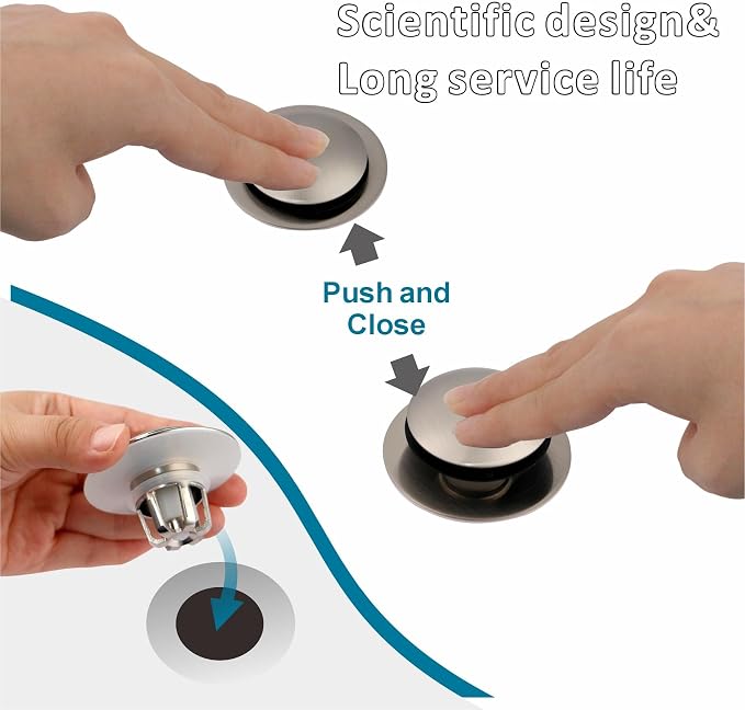 WELSAN Brushed Nickel Sink Stopper Bathroom Drain 1 1/8"-1 1/2", 2 Pack | Bathroom Sink Stopper Replacement, Universal Pop-Up Drain Stopper Plug Strainer with Hair Catcher, Anti-Clogging Design