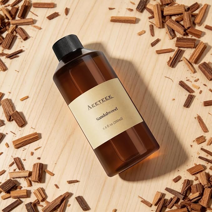 Sandalwood Reed Diffuser, Woody Essential Oil Refill | 6.8 Fl Oz (200ml) Scented Diffusers, Bathroom Air Freshener with Diffuser Sticks, Long-Lasting Fragrance for Home Decor