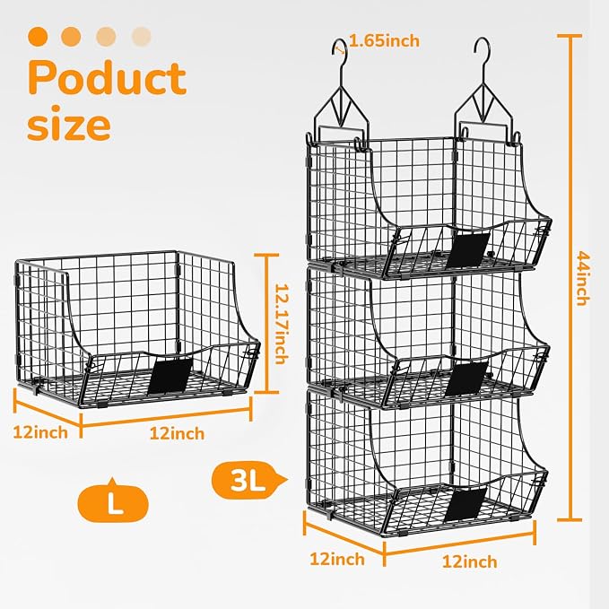 Hanging Closet Organizers and Storage, 5 Tier Closet Shelf Clothes Organizer with 2 S-Hooks, Multi-Functional Iron Wire Baskets, for Clothing, Sweaters, Handbags, Hat, Canned